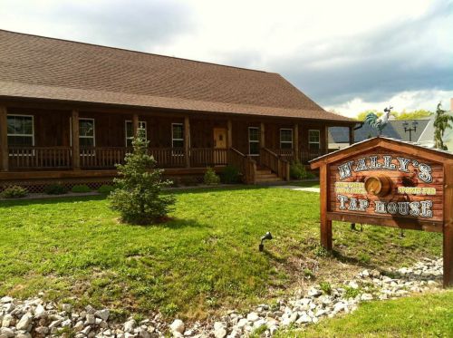 A rustic wooden building with a sign reading "Wally's Tap House" and a grassy area in front.