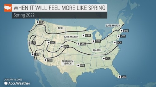 Map showing when different U.S. cities will experience spring-like temperatures in 2022, with timelines indicated.