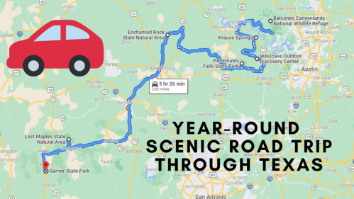 Map of a scenic road trip route through Texas, highlighting parks and attractions, with a car icon.