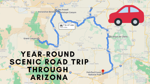 Map showing a scenic road trip route through Arizona, highlighting key destinations and travel time. Red car icon included.