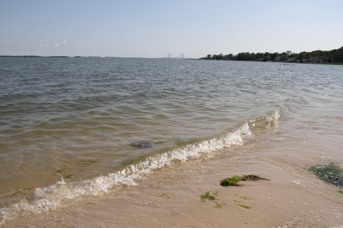 A calm beach scene with gentle waves lapping at the shore, surrounded by water and distant trees.