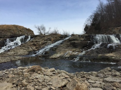 A rocky landscape featuring a waterfall cascading over stones into a calm pool, surrounded by trees and a clear sky.