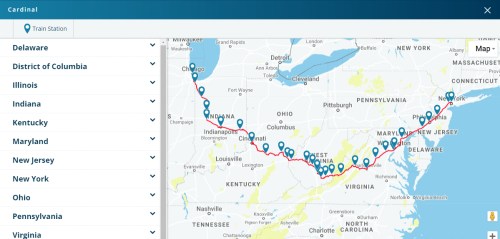Map showing train stations along a route from Delaware to Virginia, with marked locations and a sidebar menu.