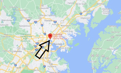Map highlighting the location of Sip & Bite restaurant in the Baltimore area, with an arrow pointing to it.