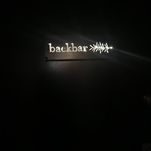 A dimly lit sign reading "backbar" with a decorative leaf design, mounted on a dark wall.