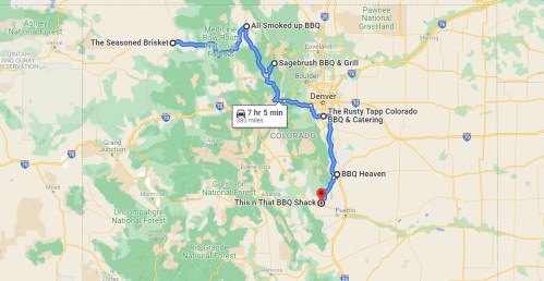 Map showing a route through Colorado with BBQ restaurant locations marked, including "The Seasoned Brisket" and "BBQ Heaven."