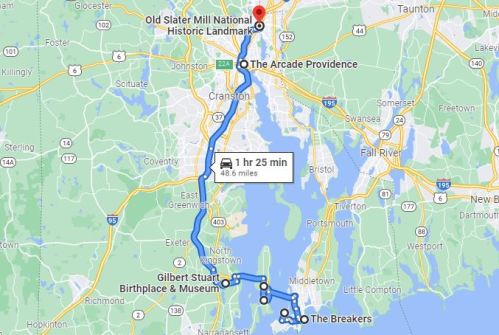 Map showing a route from Old Slater Mill National Historic Landmark to The Breakers, with stops at Gilbert Stuart Birthplace.