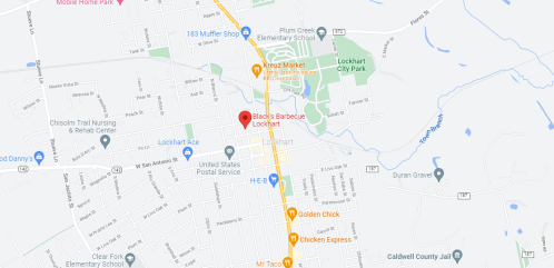 Map of Lockhart, Texas, highlighting Black's Barbecue and nearby landmarks and streets.