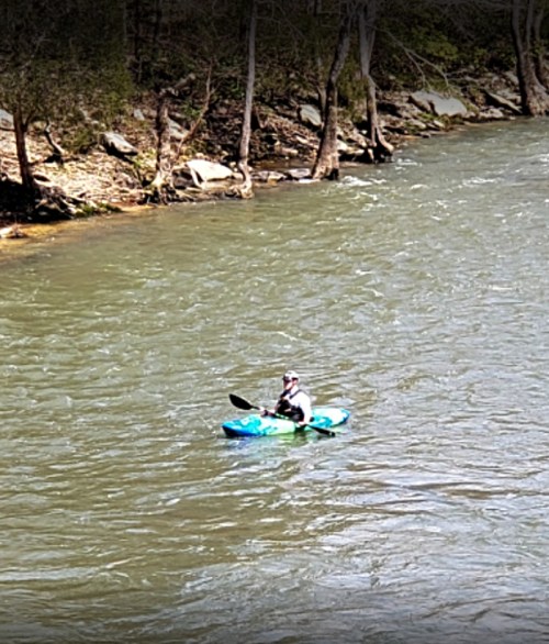 A person kayaking on a river surrounded by trees and rocky banks on a sunny day.
