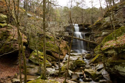 A serene waterfall cascades over rocky terrain, surrounded by trees and moss-covered stones in a tranquil forest setting.