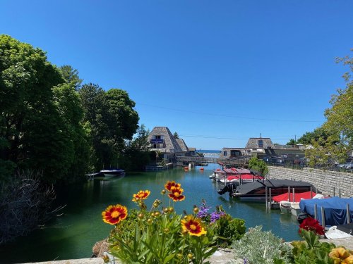 A serene waterfront scene with colorful flowers in the foreground, boats docked, and clear blue skies above.