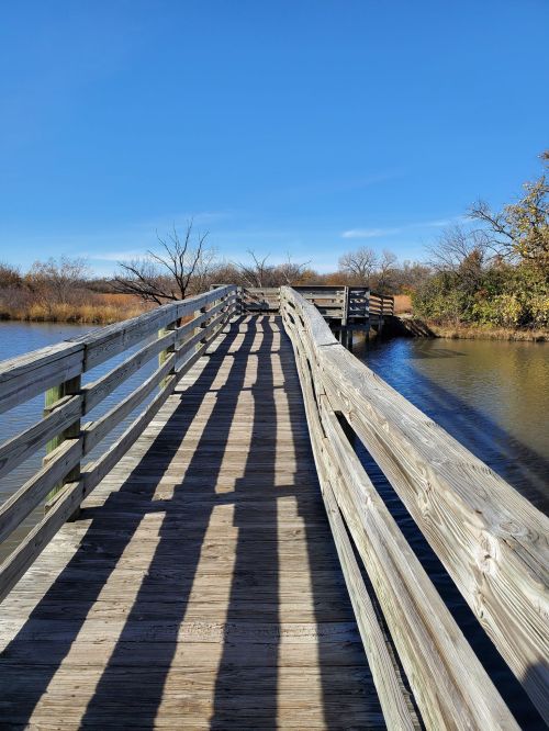 A wooden boardwalk stretches over calm water, casting long shadows under a clear blue sky.