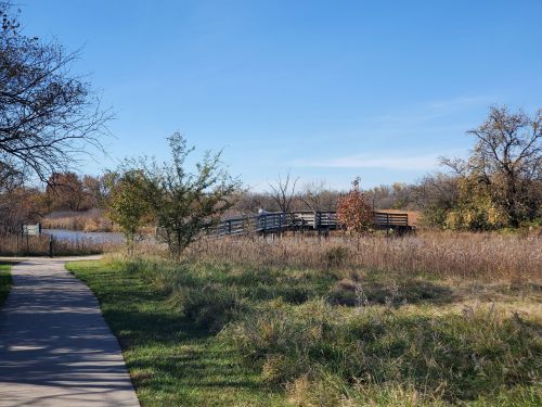 A serene landscape featuring a path leading to a wooden bridge over a calm pond, surrounded by tall grass and trees.