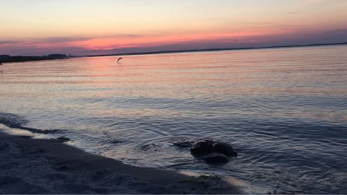 A serene beach at sunset, with calm waters reflecting pink and orange hues and a few rocks on the shore.