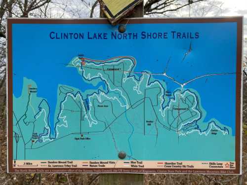 Map of Clinton Lake North Shore Trails, showing various trails and landmarks in the area.