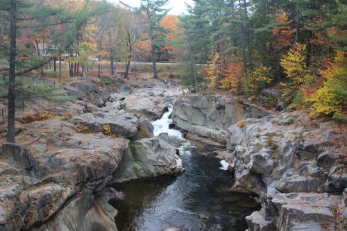 A serene river flows through rocky terrain, surrounded by autumn foliage and tall pine trees.