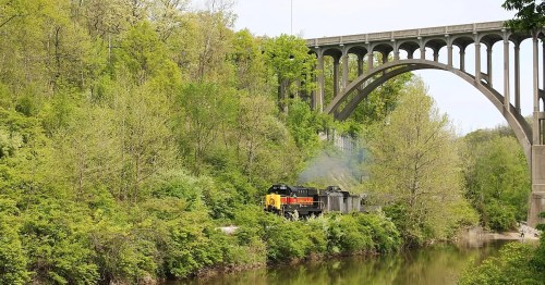 A train travels along a riverbank beneath a large stone bridge surrounded by lush greenery.
