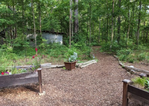 A serene forest path surrounded by greenery and flower beds, leading to a rustic shed in the background.