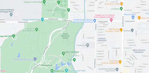 Map showing Papago Park, nearby attractions, and roads in the area, including golf courses and gardens.