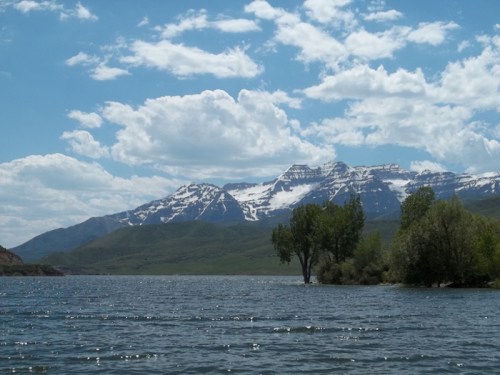 A serene lake surrounded by lush greenery and snow-capped mountains under a bright blue sky with fluffy clouds.