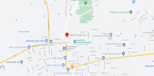 Map showing the location of "Texas Through Time" in Hillsboro, Texas, with nearby landmarks and streets.