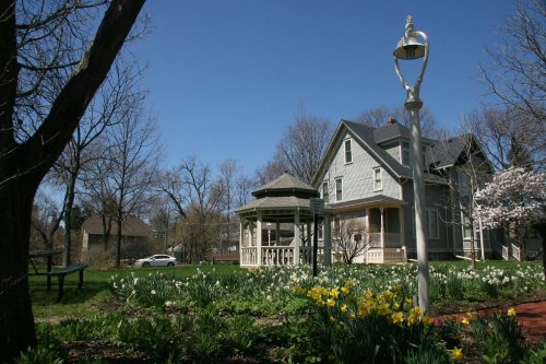 A charming house with a gazebo surrounded by blooming daffodils and trees under a clear blue sky.