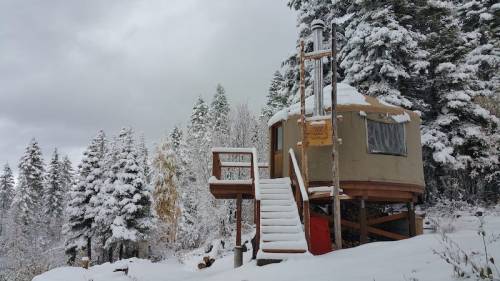 A cozy cabin in a snowy forest, surrounded by tall trees and a serene winter landscape.