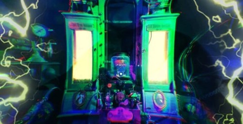 A futuristic control panel with glowing green and yellow lights, surrounded by electric sparks and a dark background.