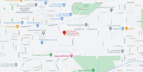 Map showing the location of The Farm South Mountain in Phoenix, Arizona, near various schools and golf clubs.
