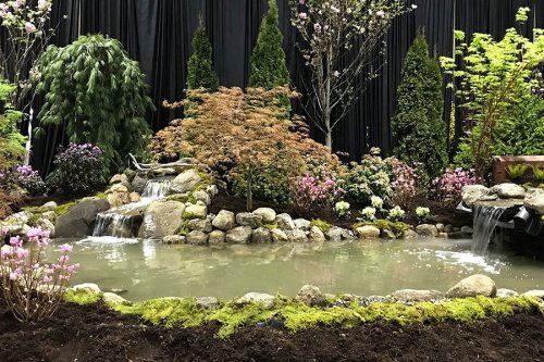 A serene garden scene featuring a pond, waterfalls, rocks, and lush greenery with blooming flowers.