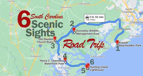 Map of a scenic road trip in South Carolina, highlighting six sights including parks and historical sites.
