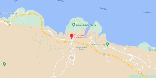 Map showing the location of Flinch's Waterfront Kitchen and Bar in Roosevelt, near Roosevelt Lake and surrounding areas.