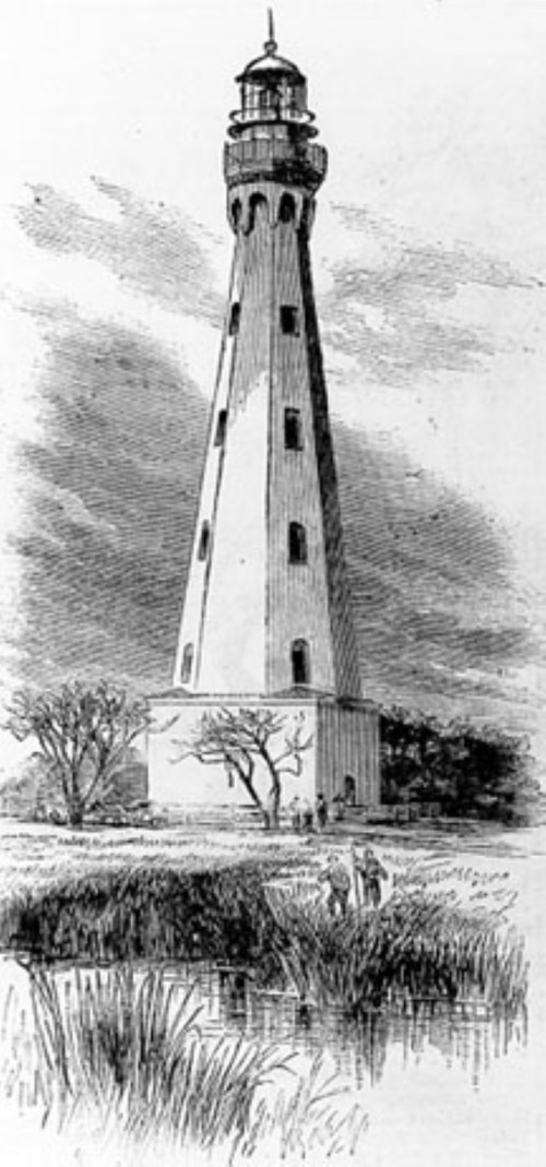 An illustration of a tall lighthouse surrounded by trees and grass, with a cloudy sky in the background.