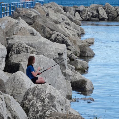 A person sits on rocks by the water, fishing with a rod, surrounded by a calm lake and a blue railing in the background.