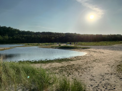 A serene landscape featuring a riverbank, sandy shore, and sun setting over lush green hills.