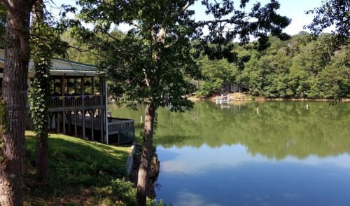 A serene lake view with a wooden cabin and lush greenery surrounding the calm water on a sunny day.