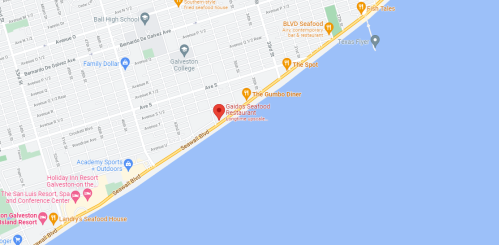 Map showing a coastal area in Galveston, Texas, with various restaurants and landmarks along the shoreline.