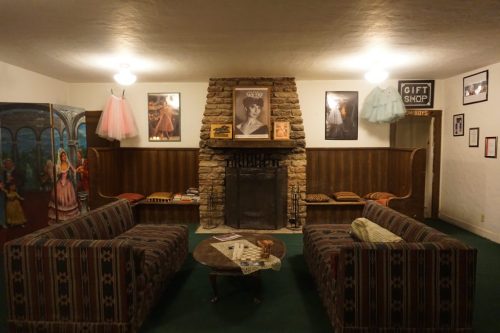 Cozy living room with two striped sofas, a stone fireplace, vintage decor, and tulle skirts hanging on the walls.
