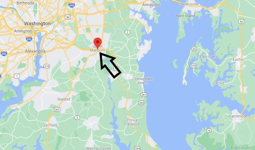 Map showing the location of Marlow Heights, Maryland, marked with a red pin and an arrow pointing to it.