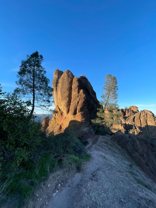 A rocky outcrop rises against a clear blue sky, surrounded by trees and greenery on a hiking trail.