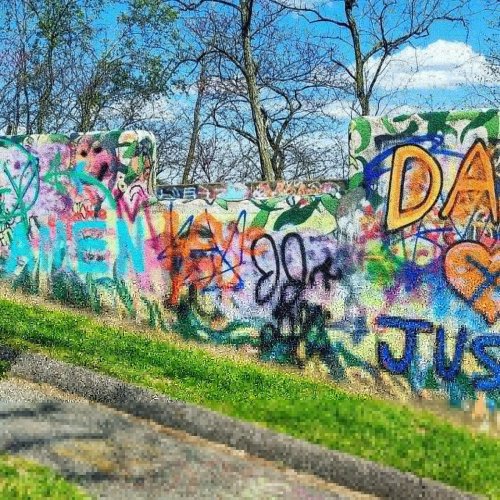 Colorful graffiti covers a concrete wall, with vibrant designs and messages, set against a clear blue sky and trees.