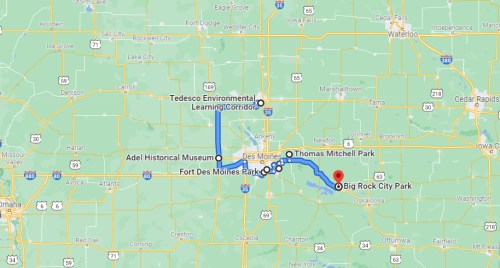 Map showing locations in Iowa, including Big Rock City Park, Tedesco Environmental Learning Corridor, and others.
