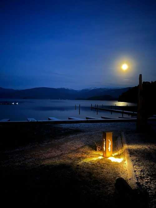 A serene lakeside scene at night, illuminated by a glowing sculpture and a bright full moon reflecting on the water.