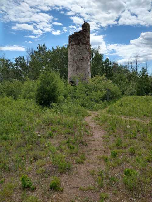 A weathered stone tower stands amidst lush greenery and a clear blue sky, with a path leading towards it.