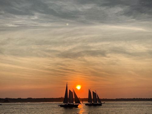Silhouetted sailboats on calm water at sunset, with a colorful sky and soft clouds in the background.