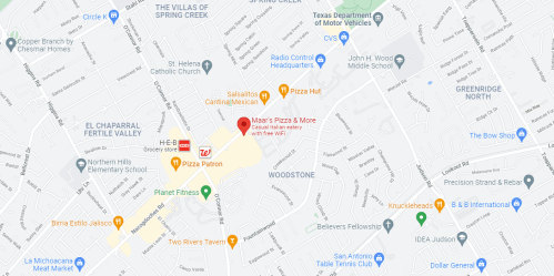 Map showing various restaurants and businesses in a neighborhood, including Ma's Pizza & More and Pizza Hut.