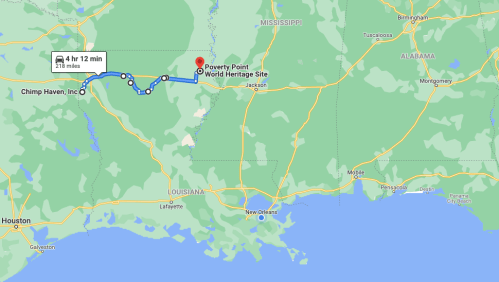Map showing route from Chimp Haven, Inc. to Poverty Point World Heritage Site, approximately 4 hours and 12 minutes.