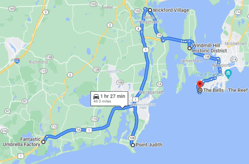 Map showing a route from Fantastic Umbrella Factory to The Bells / The Reef, covering 49.3 miles in 1 hour 27 minutes.