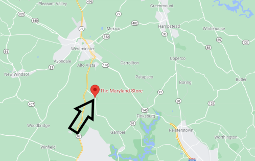 Map showing the location of "The Maryland Store" with an arrow pointing to it, near Westminster, Maryland.