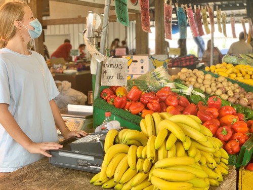 A young person wearing a mask stands at a market stall with bananas, peppers, and other fresh produce.